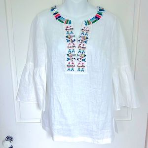 NWT Talbots white linen pop over top with Sequins & Embroidered Tropical Motif S